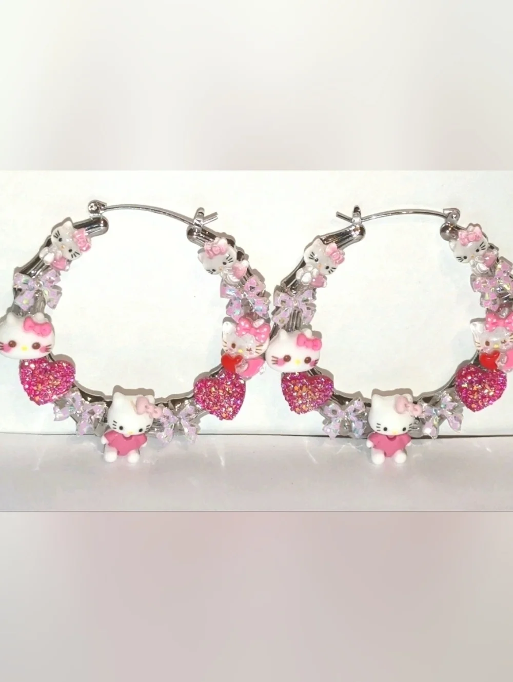 Hand Crafted Pink Hello Kitty Crystal Heart Hoop Earrings